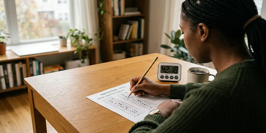 Adult learner filling out a practice exam bubble sheet at a desk