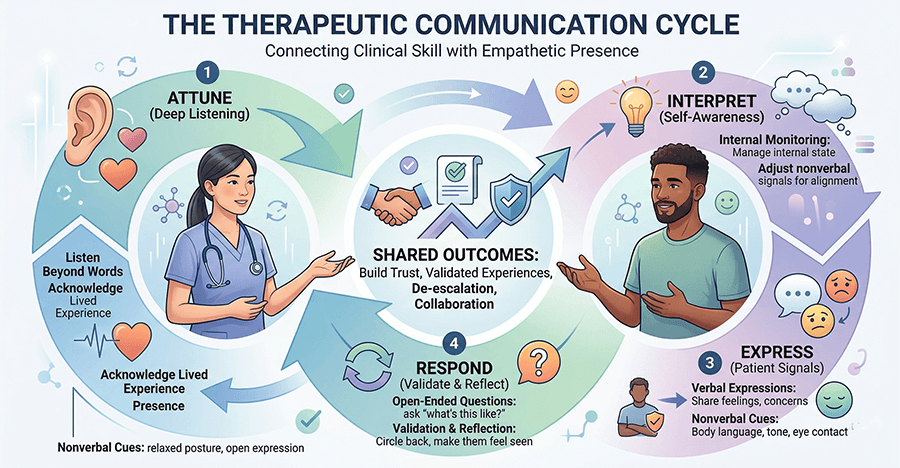 An infographic titled 'The Therapeutic Communication Cycle' illustrating the interaction between a mental health nurse and a patient. The cycle flows through four stages: 1. Attune (Deep Listening), 2. Interpret (Self-Awareness), 3. Express (Patient Signals), and 4. Respond (Validate and Reflect). The center highlights shared outcomes including building trust, validated experiences, de-escalation, and collaboration.
