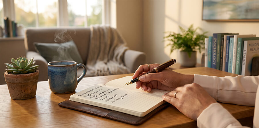 Hands writing therapy notes in a leather-bound notebook with a fountain pen on a wooden desk.