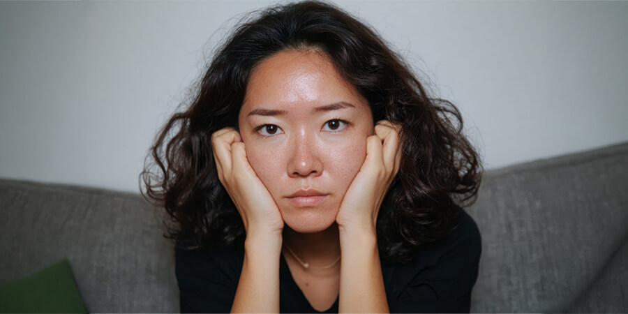 A close-up portrait of a woman resting her chin on her hands with a pensive expression, looking directly at the camera.
