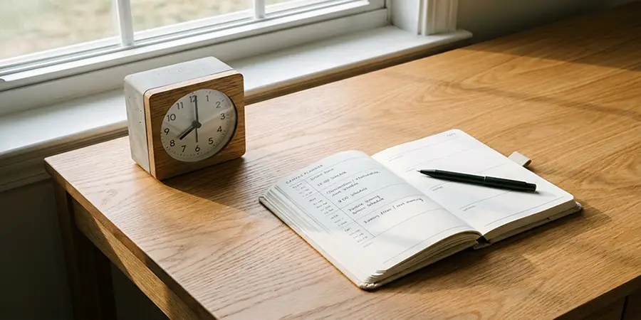 A modern analog clock and daily planner on a tidy wooden desk