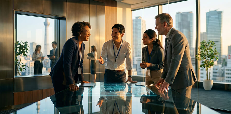 A group of four professionals collaborate around a futuristic glass table with a projected holographic blue architectural blueprint. They are smiling and interacting in a modern high-rise office at golden hour, overlooking the Tokyo skyline.