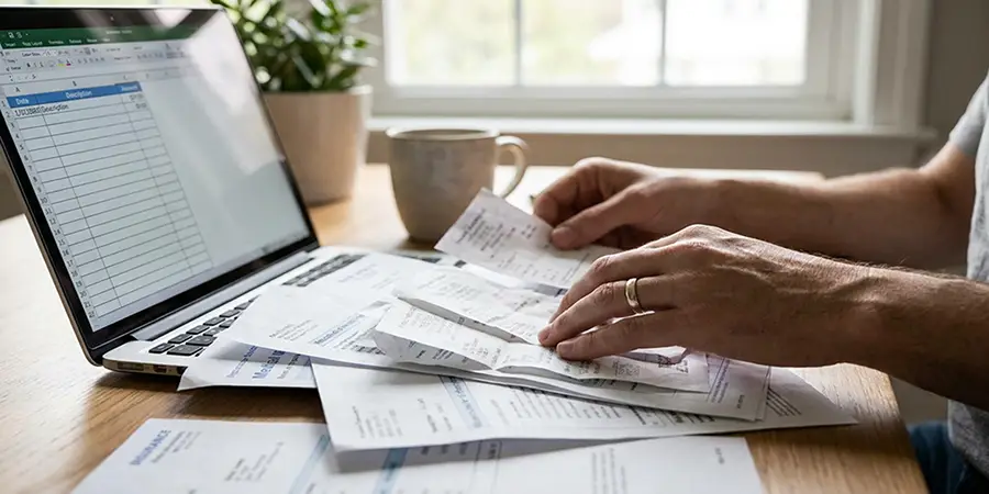 A person meticulously organizing medical bills and receipts next to a laptop to track financial losses.