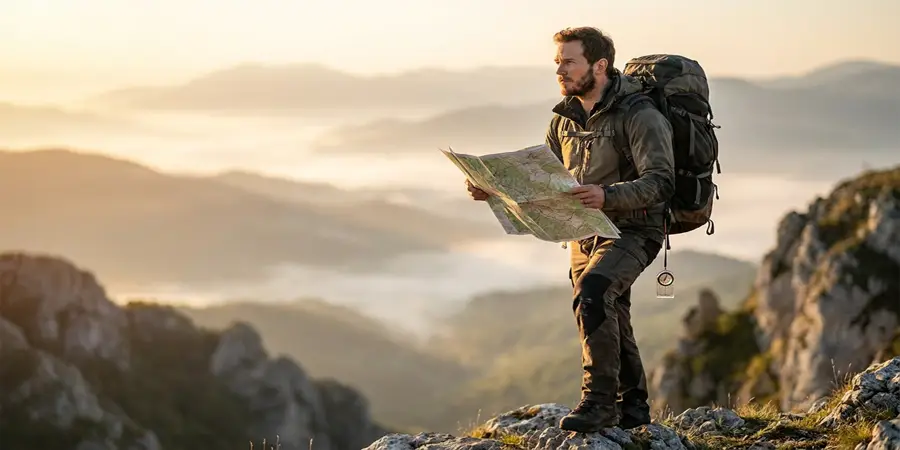 A solo traveler with a backpack looking strategically over a vast mountain landscape.