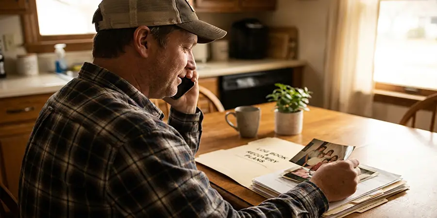 Person calmly organizing documents and talking on the phone at a kitchen table