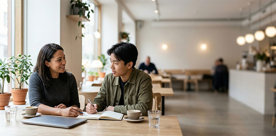 A photograph of two diverse professionals, a woman and a man, collaboratively reviewing a physical notebook in a modern, sunlit collaborative workspace.