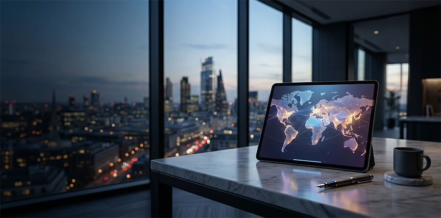 A minimalist office desk by a twilight window overlooking a city.
