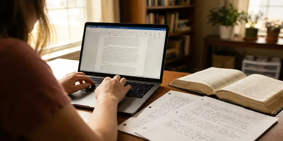 Student touch-typing on a laptop alongside a dictionary and handwritten notes