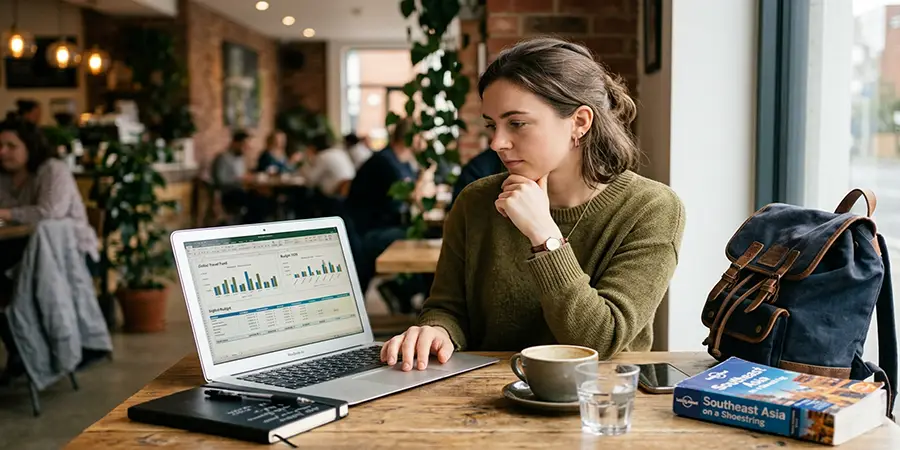 Young adult focused on financial planning and travel goals at a sunny cafe