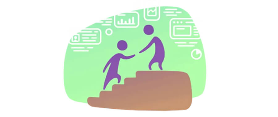 User onboarding - drawing showing one person helping another up stairs.