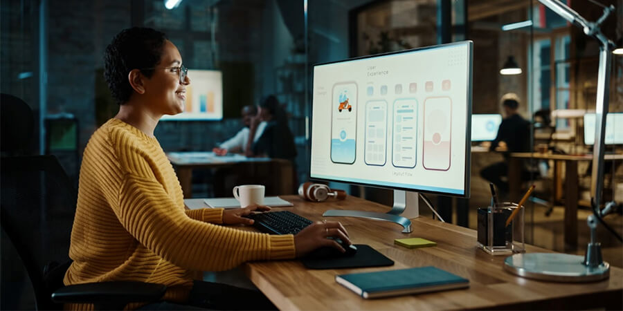A woman wearing glasses and a yellow sweater sits at a wooden desk in a modern office, smiling while working on a large computer monitor. The screen displays a user experience (UX) design layout flow for a mobile application.