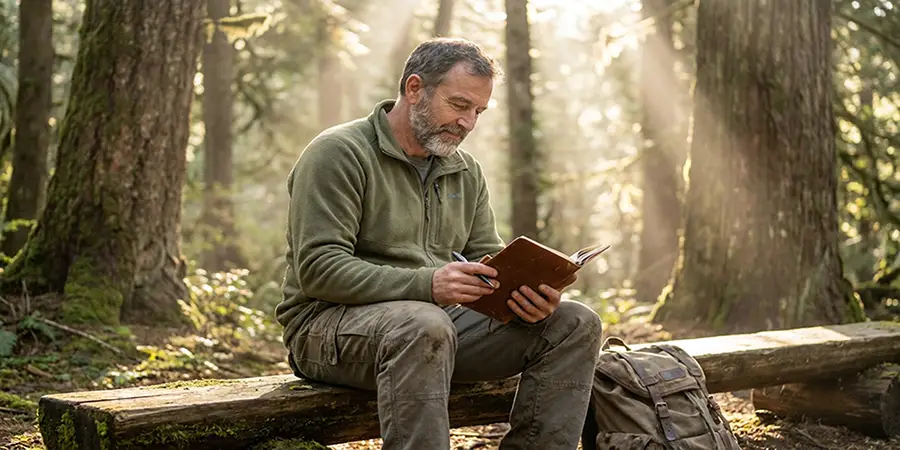 A veteran reflecting peacefully in a quiet forest setting with a journal