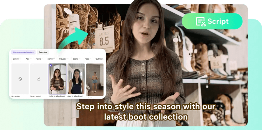 A promotional graphic showing a woman presenting a 'latest boot collection' with a digital interface for selecting AI avatars and a 'Script' button overlay.