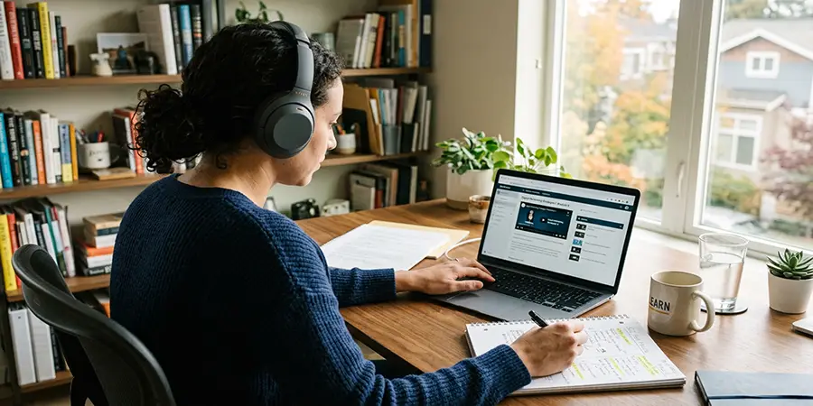 Focused adult learner wearing headphones and taking notes during a virtual class