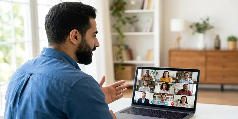 Professional delivering a successful virtual presentation from a home office
