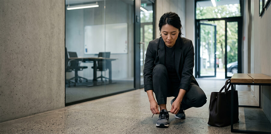 Woman putting on her walking shoes as she gets ready to leave the office.