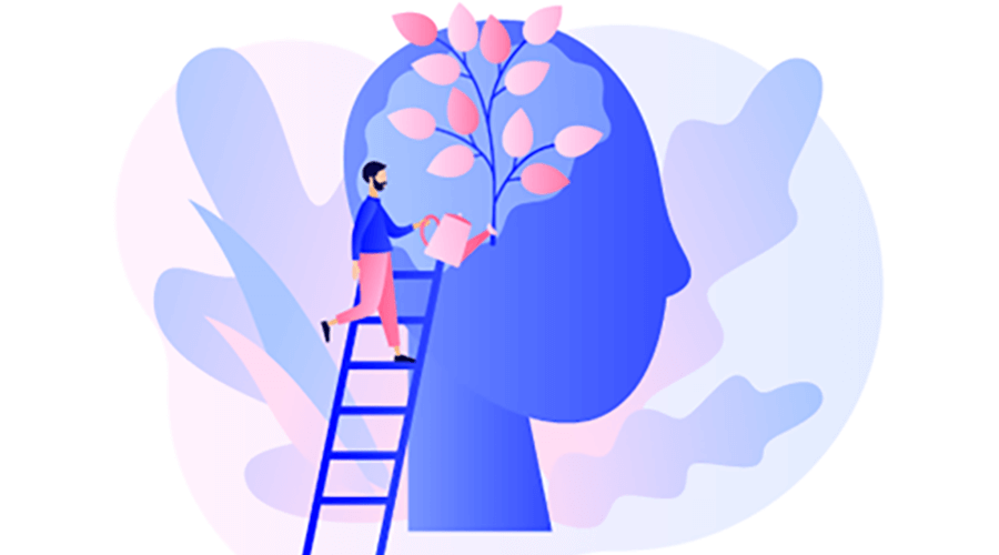 Man up a ladder watering a tree in someone's mind.