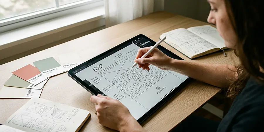 Creative professional mapping out a website wireframe on a digital tablet