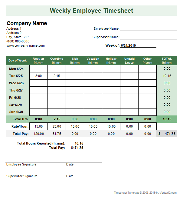 Weekly employee timesheet Excel template.