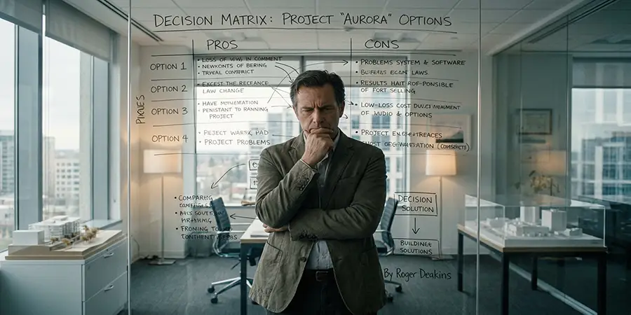 Professional reviewing a decision matrix on a whiteboard