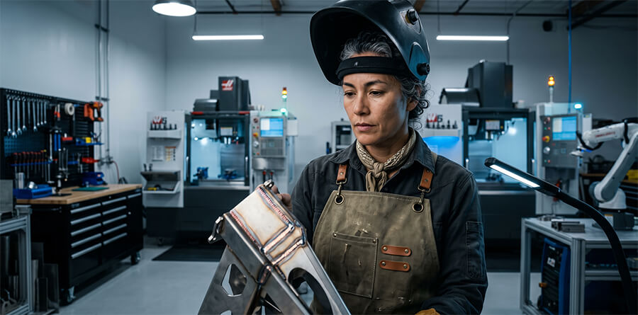 Artisan welder in canvas apron and bandana inspects complex TIG weld on custom machinery within a clean, high-tech indoor studio.