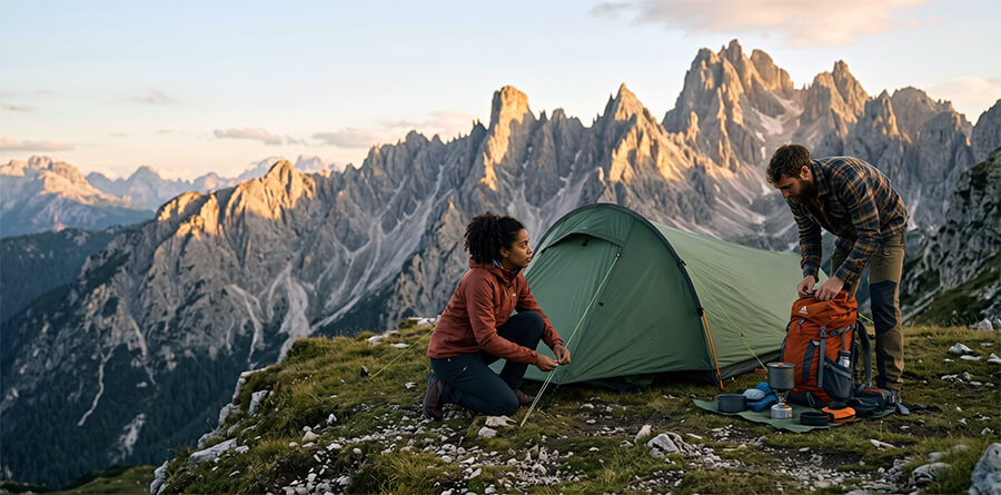 A couple of hikers in rugged mountains at sunset set up a wild camp.
