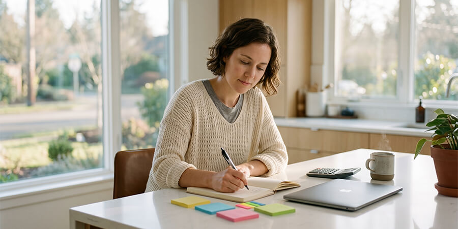 A focused woman writes in a notebook at a bright modern kitchen island, surrounded by colorful sticky notes, a calculator, a laptop, and a coffee mug.