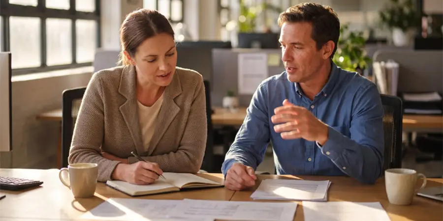 Two professionals engaged in a focused work discussion over documents at an office desk