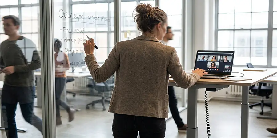 Woman in a blazer writing on a glass whiteboard while on a video conference call at a standing desk.