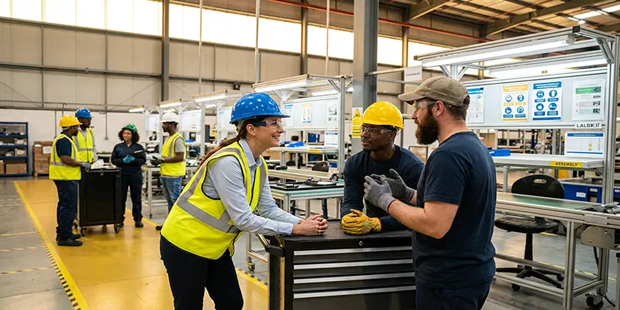 Supervisor engaging with workers on a factory floor to promote a positive workplace safety culture and open communication