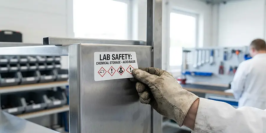 A person applying a clear, printed label to a cabinet in an organized workplace