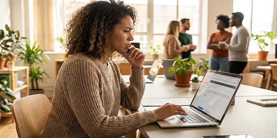 A professional thoughtfully reviewing a written message on a laptop