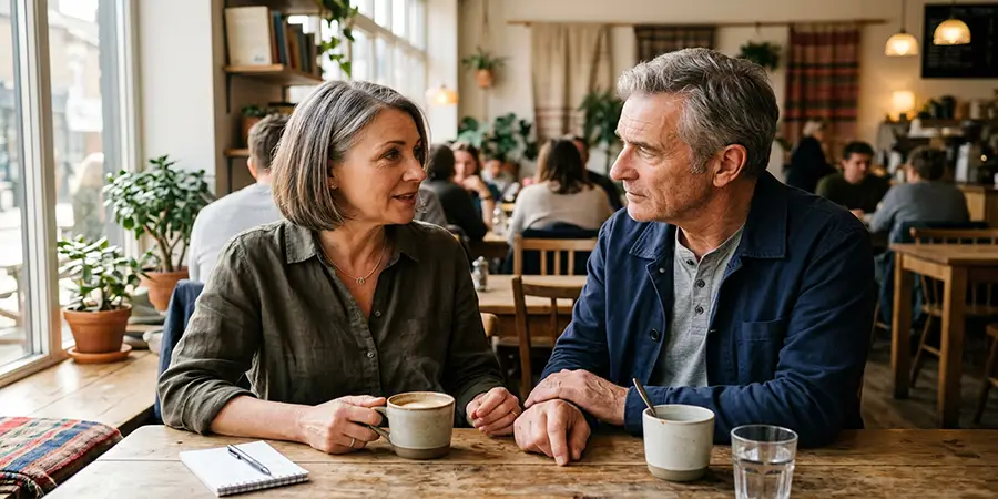 Two mature friends having an earnest and supportive conversation at a café