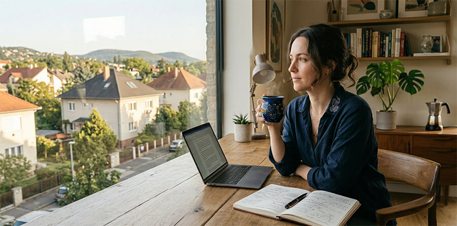 A thoughtful woman sits at a wooden desk with a laptop and notebook in a sunlit studio overlooking suburban Budapest.