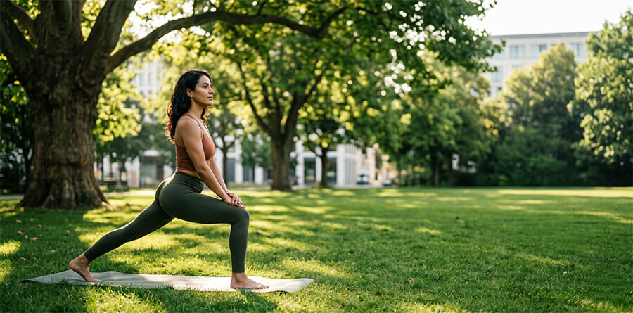 A woman in athletic wear practices a dynamic yoga lunge in a grassy urban park with modern office buildings in the background.